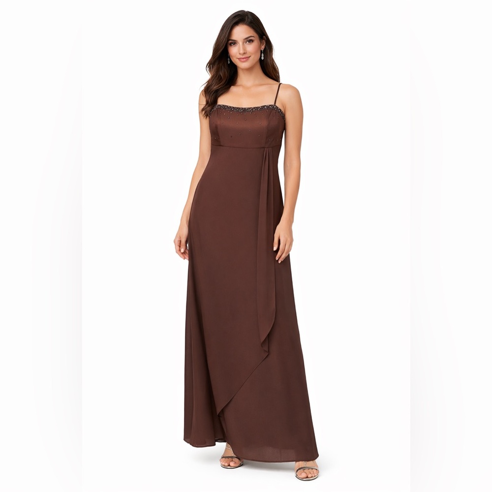 Alfred Angelo Full Length Espresso Beaded Formal Gown Empire Waist A-line Sz 18